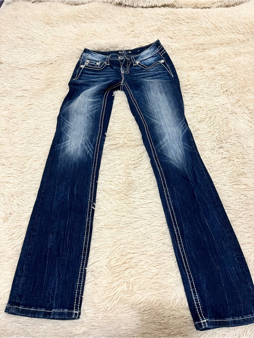 Miss Me Dark Blue Flare Jeans with Contrast Stitching
